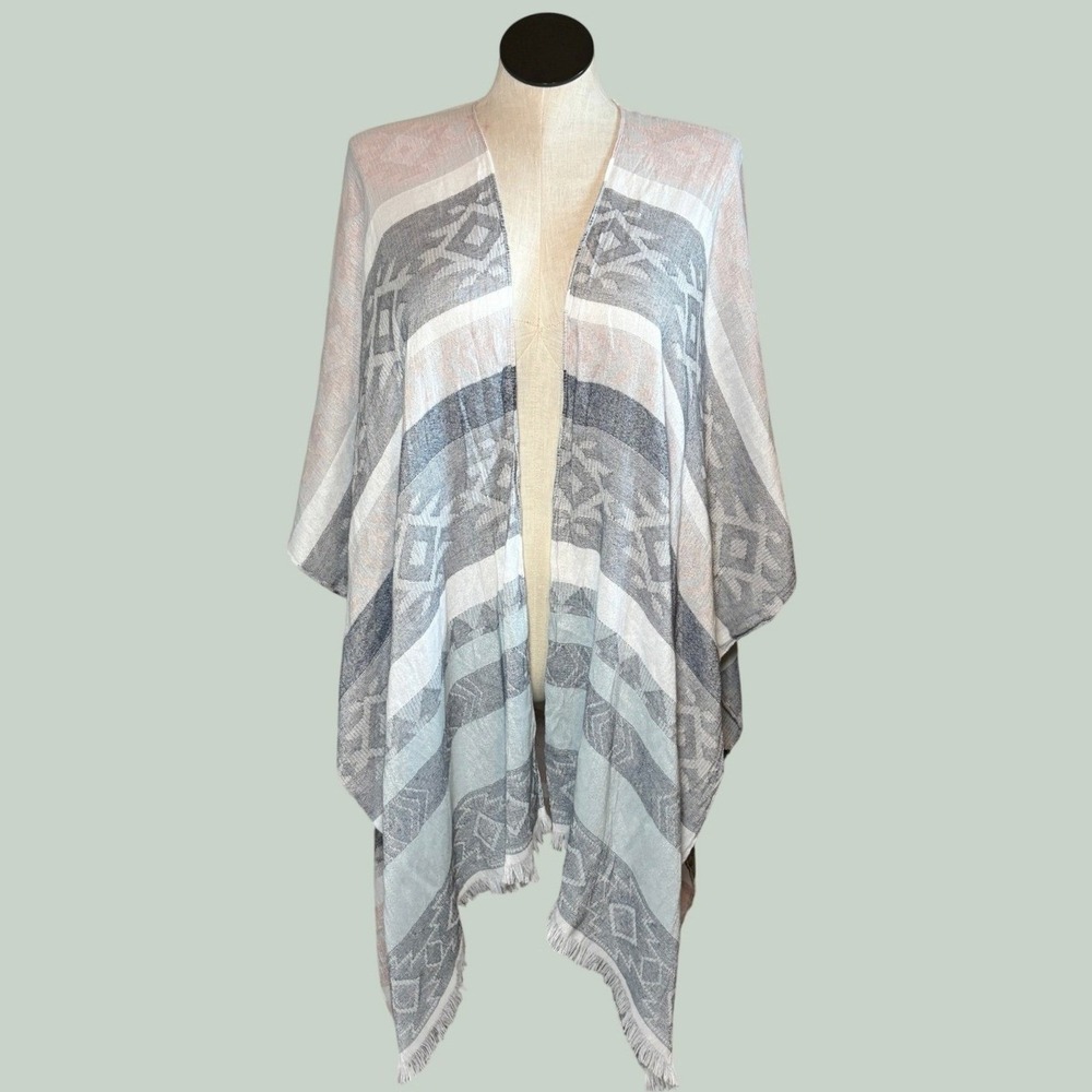 Permanent Womens Kimono OS Grey Pink Acrylic Southwestern Fringe Wrap